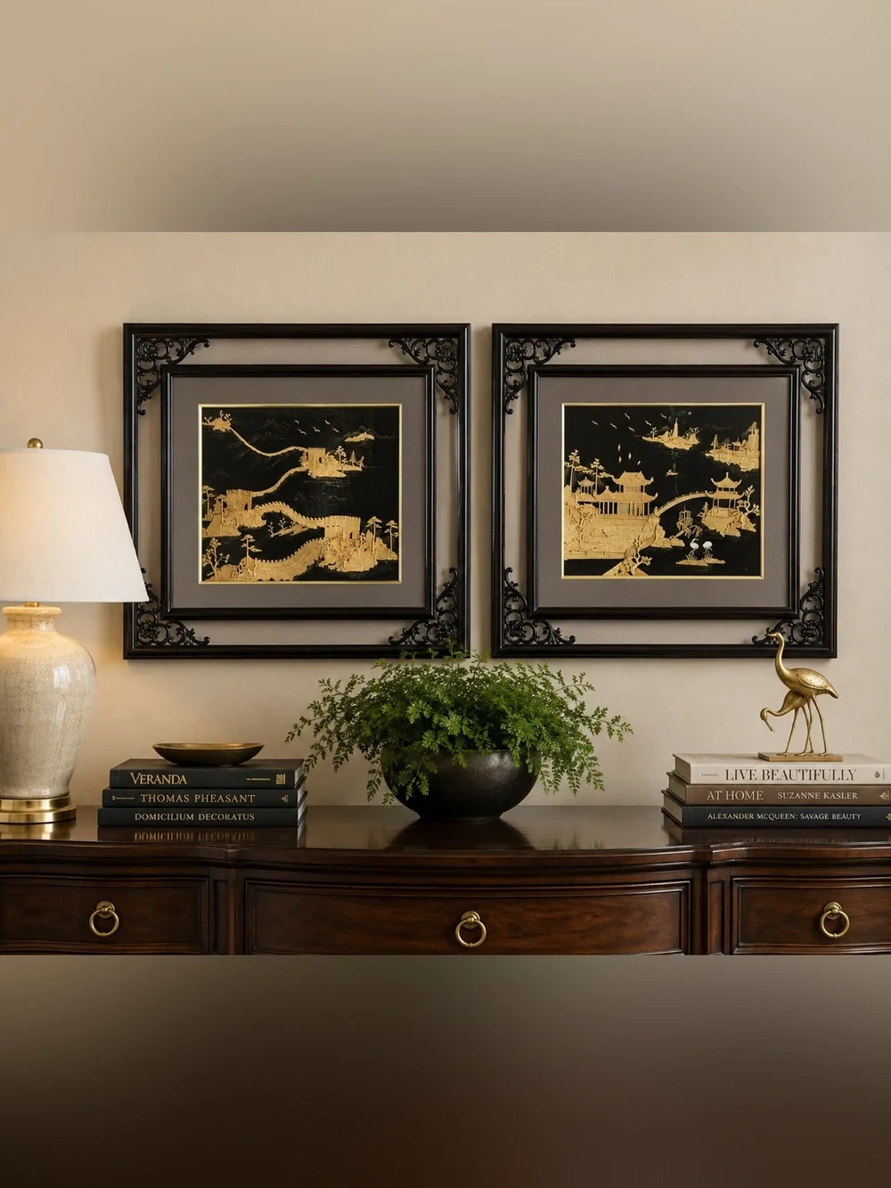 Vintage Chinese Asian Gold & Black Wall Art Pair Great Wall Pagoda Framed